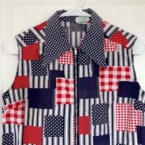 Vintage‎ Nancy Top Patchwork Design 3/4 Zip Sleeveless Blouse With Pockets L